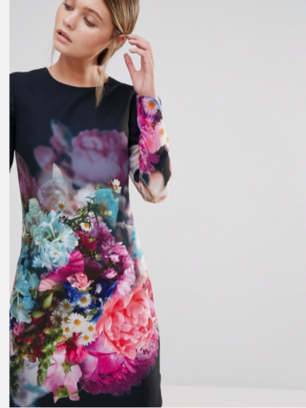 Ted Baker Vyra Shift Dress Floral lined rose gold back zipper UK 1 long sleeves